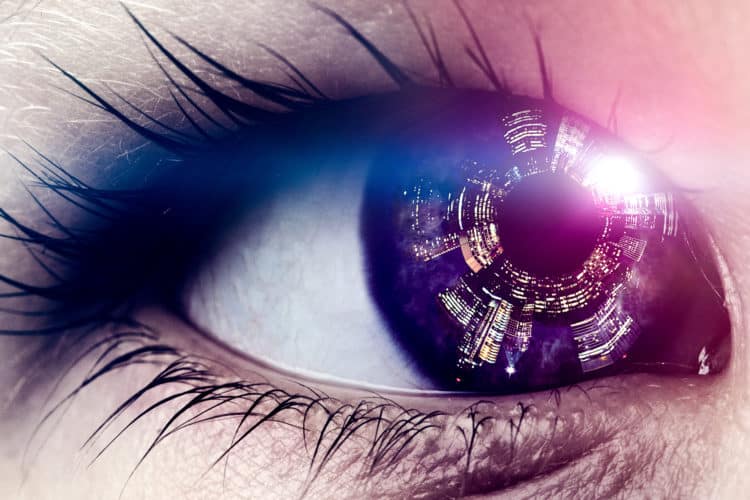 A conceptual image, a circular New York City skyline at night glowing in the vision of a child's eye. A depiction of the future of cities.