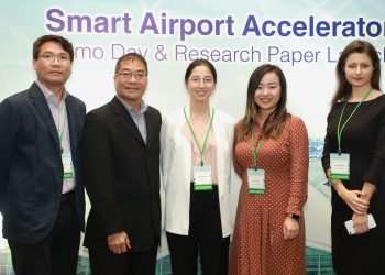 Five startups showcase their innovative technologies and solutions for the travel industry on HKSTP’s “Smart Airport Acceleration Programme” Demo Day. Photo shows the representatives of the five companies (from left) Barry Leung, Founder & Director, Lambda Sense Limited; Rio Chau, CEO, RV Automation Technology Co. Ltd.; Kara Ma, Business Development Manager, PerceptIn Limited; Susie Yuan, Project Manager, CyPhy Media Limited; and Lilia Kanesvska, Managing Partner, DMS Solutions (Hong Kong) Limited. PHOTO from HKSTP