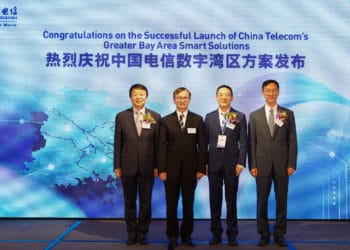 China Telecom’s grand launch event for its series of digital solutions catering to the Greater Bay Area was livestreamed across Hong Kong, Macao and Shenzhen simultaneously today. Photo shows (from left): Ou Yan, China Telecom Global’s Executive Vice President; Dr David Chung Wai Keung, JP, Under Secretary for Innovation & Technology, The Government of HKSAR; Wu Yi, Deputy Director of Digital Centre, China Merchant Group Limited; and Han Zhuo, China Telecom Global’s Executive Vice President - who joined the launch ceremony in Hong Kong. PHOTO from China Telecom