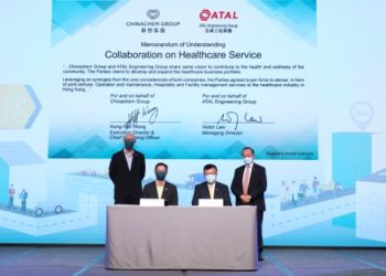 (L-R standing) Donald Choi, executive director and CEO of Chinachem Group, and Dr. Otto Poon, chairman of ATAL Engineering Group witnessed the signing of the latest MOU between their two companies. (L-R seated) Hung Han Wong, executive director and COO of Chinachem Group, and Victor Law, managing director of ATAL Engineering Group signed the document marking the two companies collaboration in healthcare facilities management in Hong Kong.